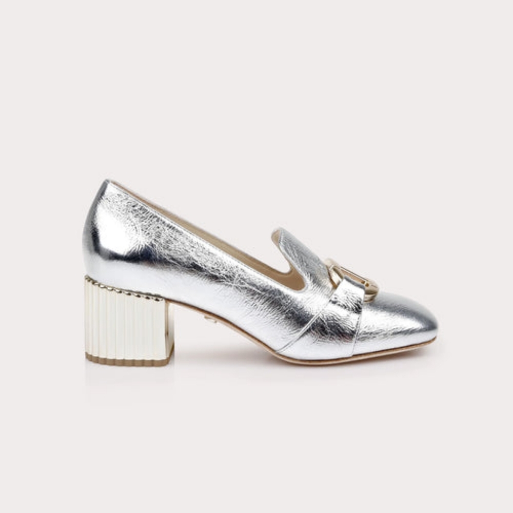 Silver Block Heel Loafers - Picture 4 of 13